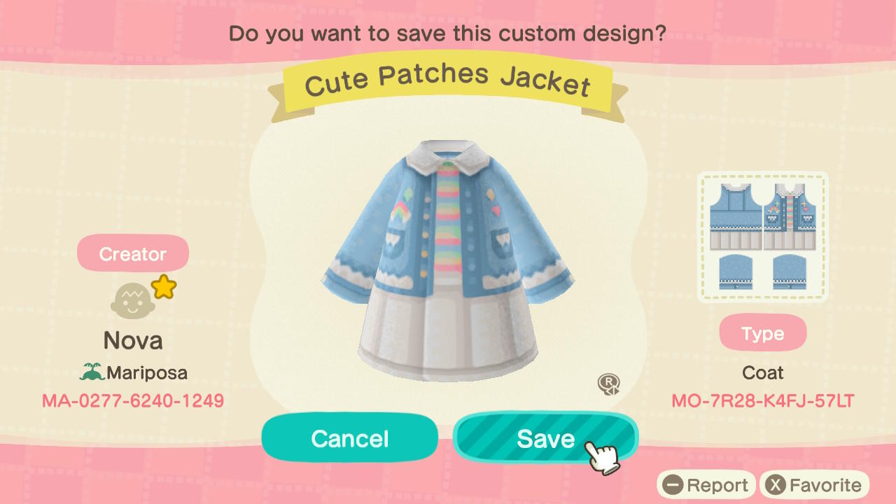 Animal Crossing Design Code: MO-7R28-K4FJ-57LT Cute Patches Jacket