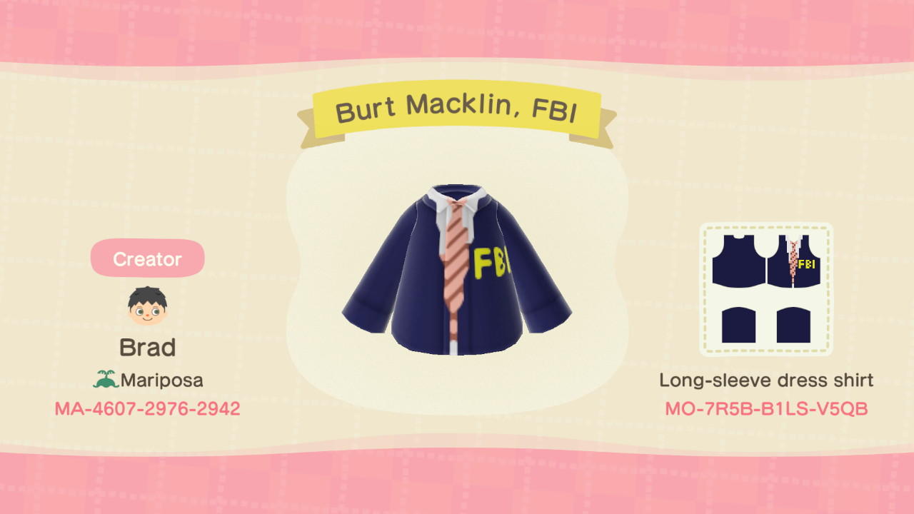 Animal Crossing Design Code: MO-7R5B-B1LS-V5QB Burt Macklin, FBI