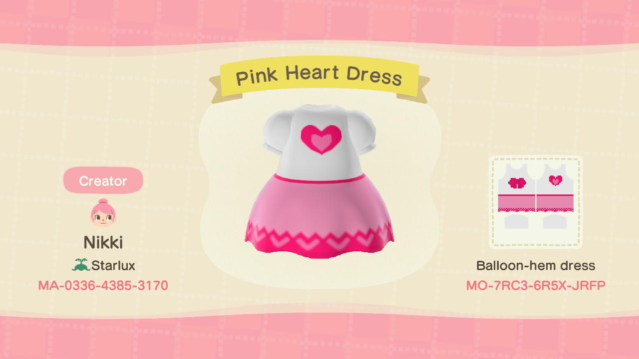 Animal Crossing Design Code: MO-7RC3-6R5X-JRFP Pink Heart Dress