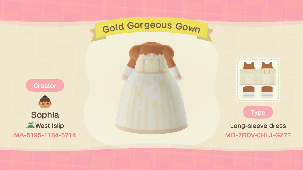 Animal Crossing Design Code: MO-7RDV-0HLJ-G27F Gold Gorgeous Gown