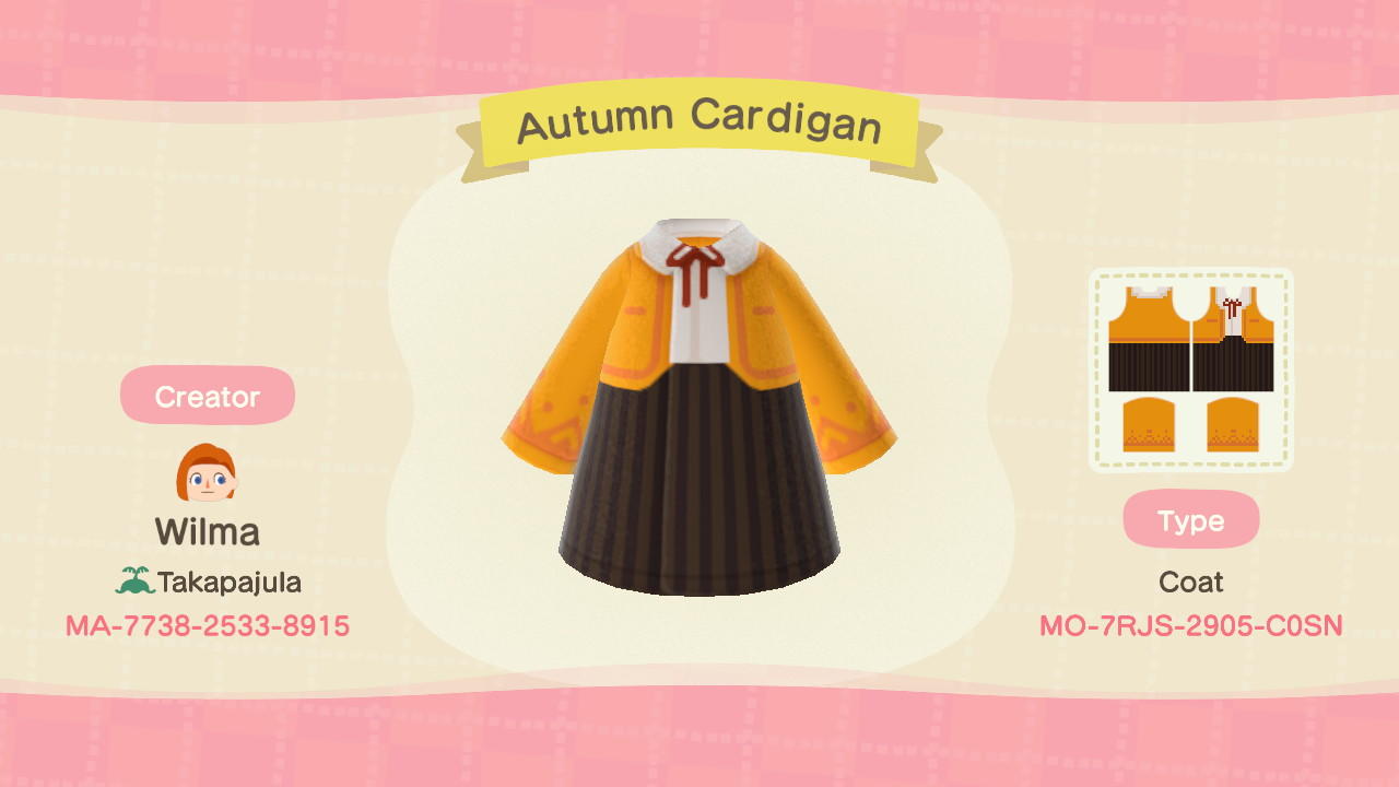 Animal Crossing Design Code: MO-7RJS-2905-C0SN Autumn Cardigan