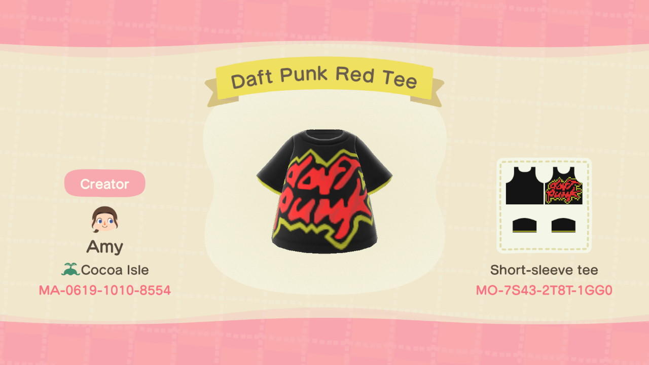 Animal Crossing Design Code: MO-7S43-2T8T-1GG0 Daft Punk Red Tee