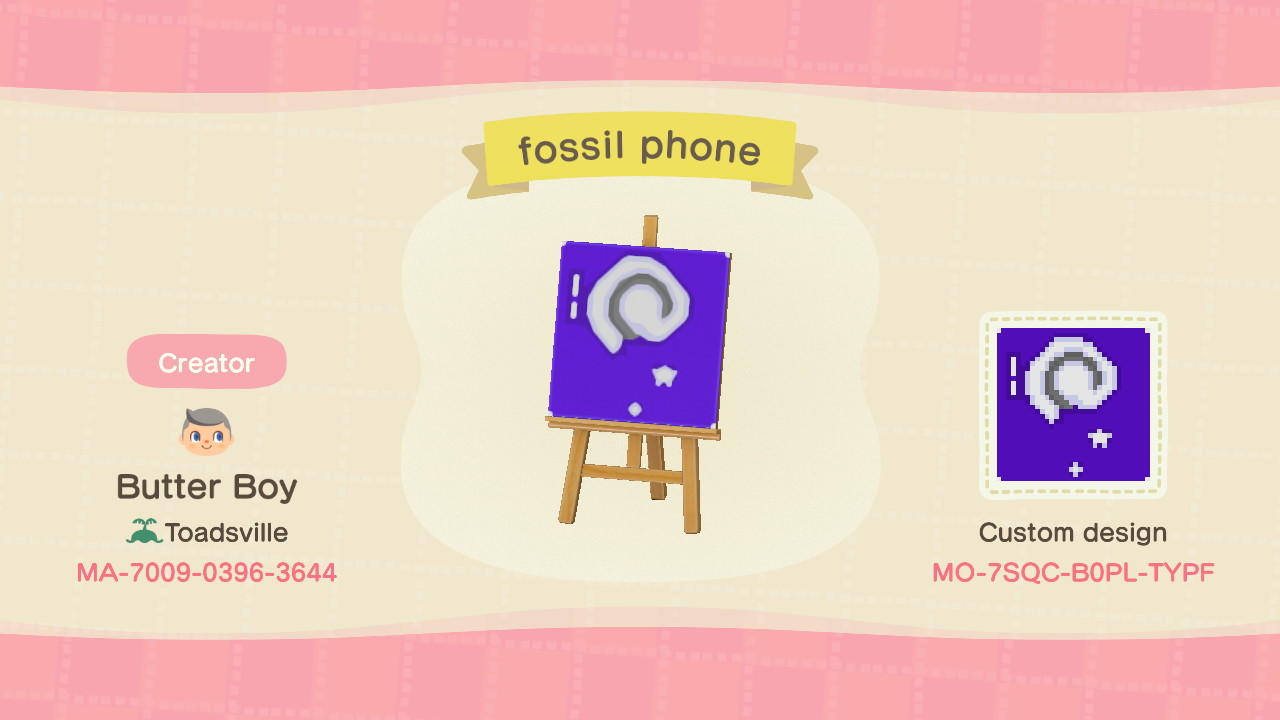 Animal Crossing Design Code: MO-7SQC-B0PL-TYPF Fossil phone