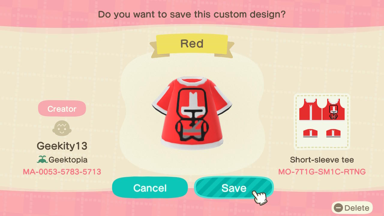Animal Crossing Design Code: MO-7T1G-SM1C-RTNG Red