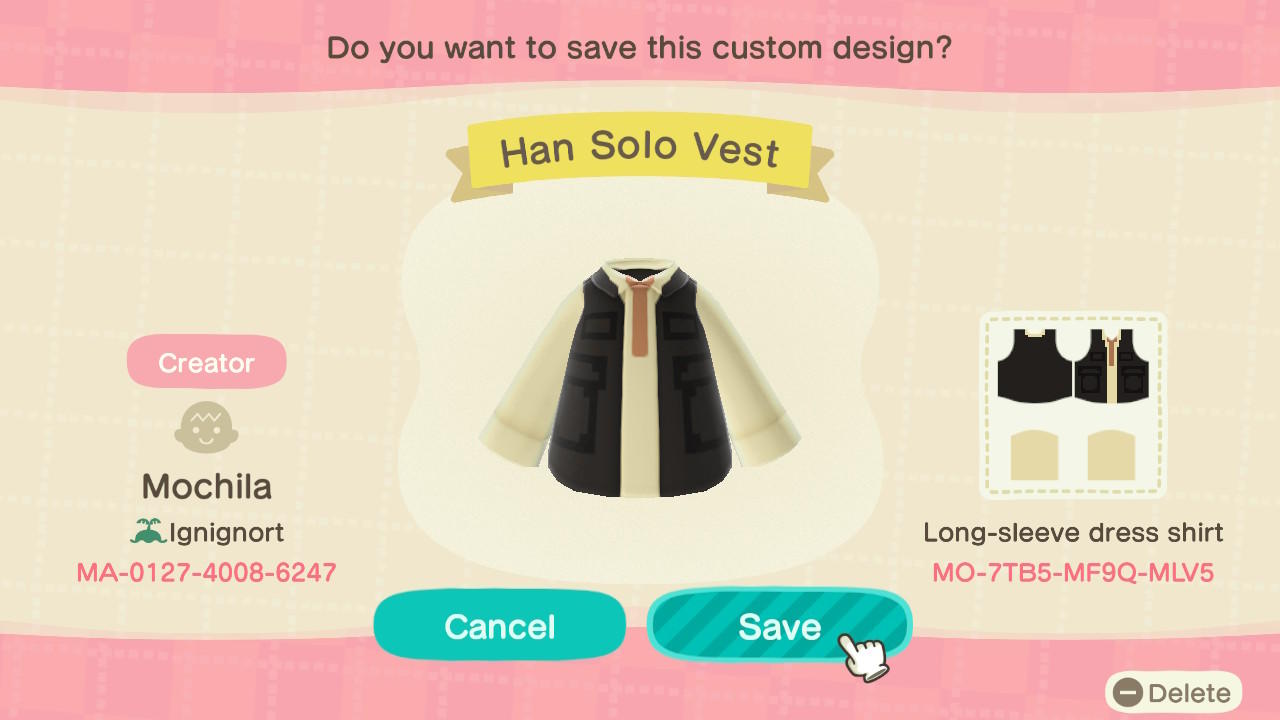 Animal Crossing Design Code: MO-7TB5-MF9Q-MLV5 Han Solo Vest