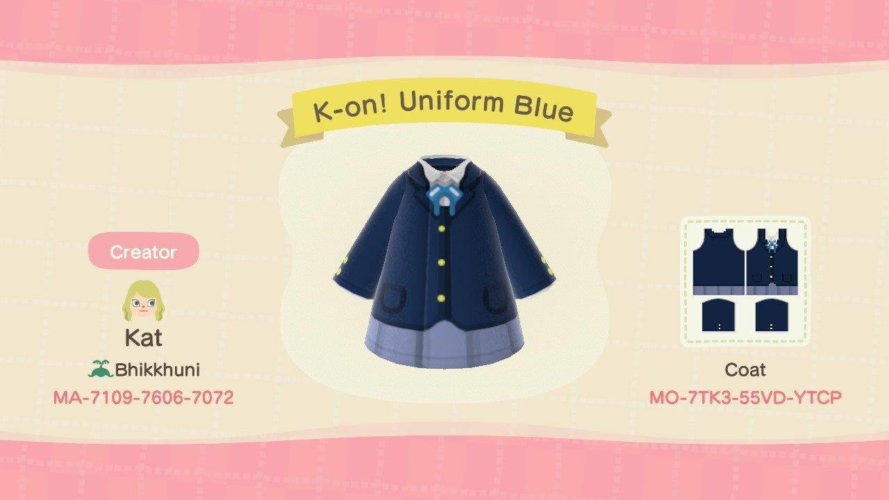 Animal Crossing Design Code: MO-7TK3-55VD-YTCP K-On! Uniform Blue