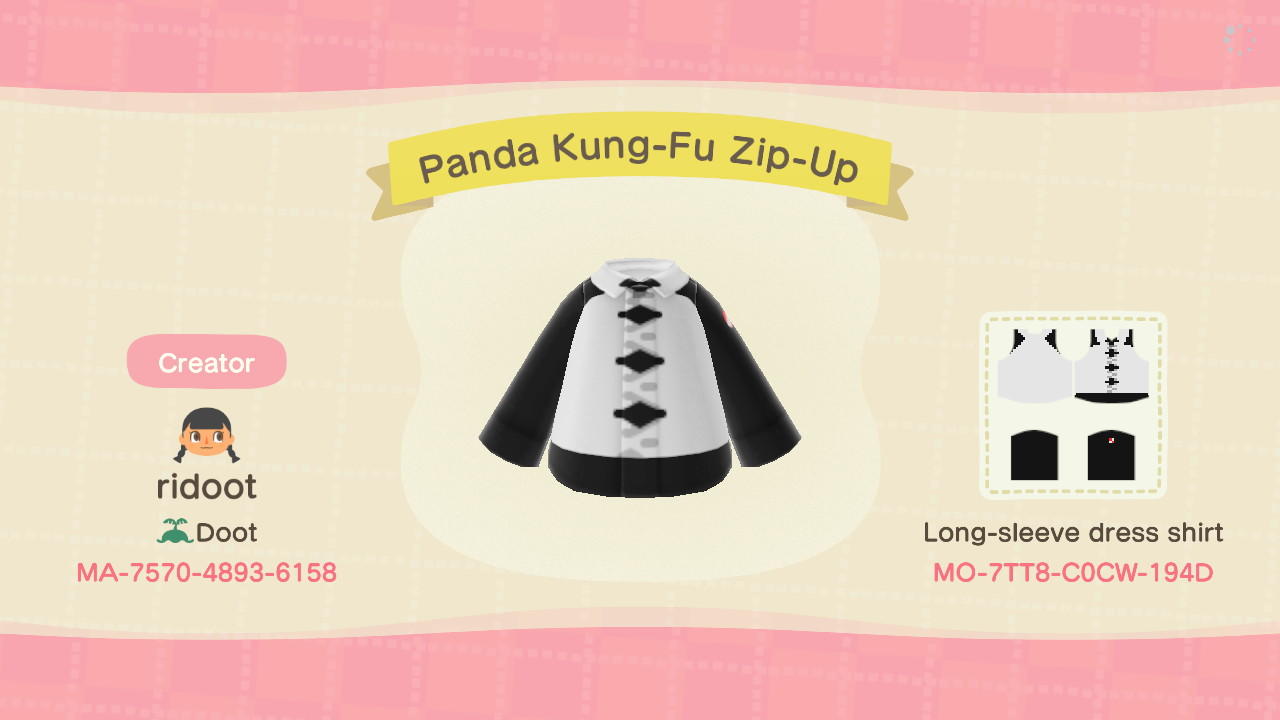 Animal Crossing Design Code: MO-7TT8-C0CW-194D Panda Kung-Fu Zip-Up