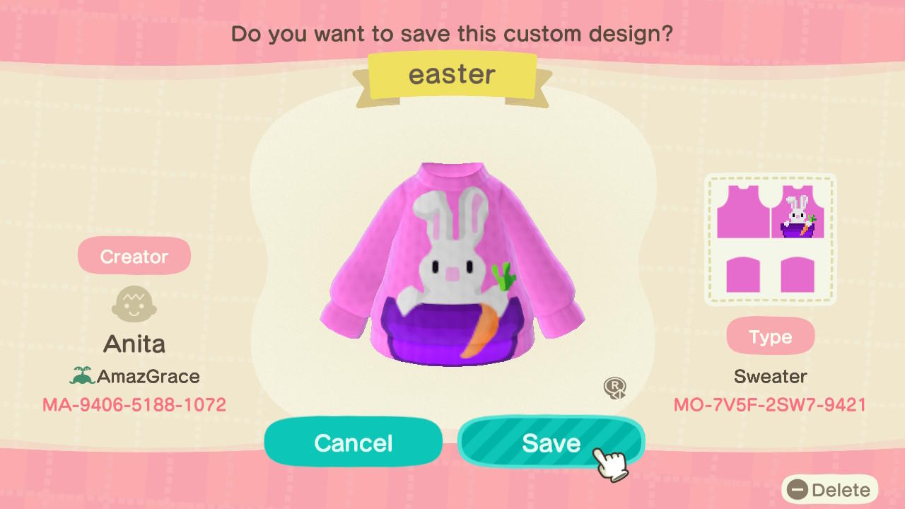 Animal Crossing Design Code: MO-7V5F-2SW7-9421 Easter