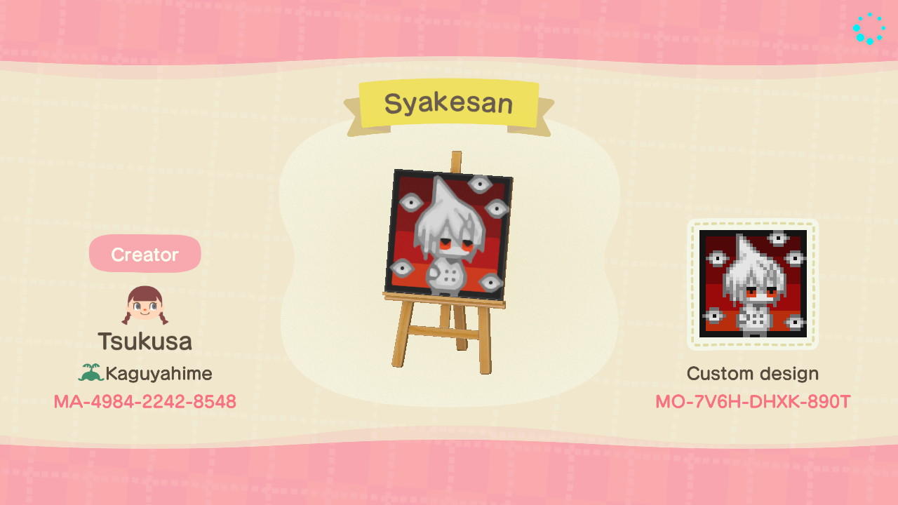 Animal Crossing Design Code: MO-7V6H-DHXK-890T Syakesan