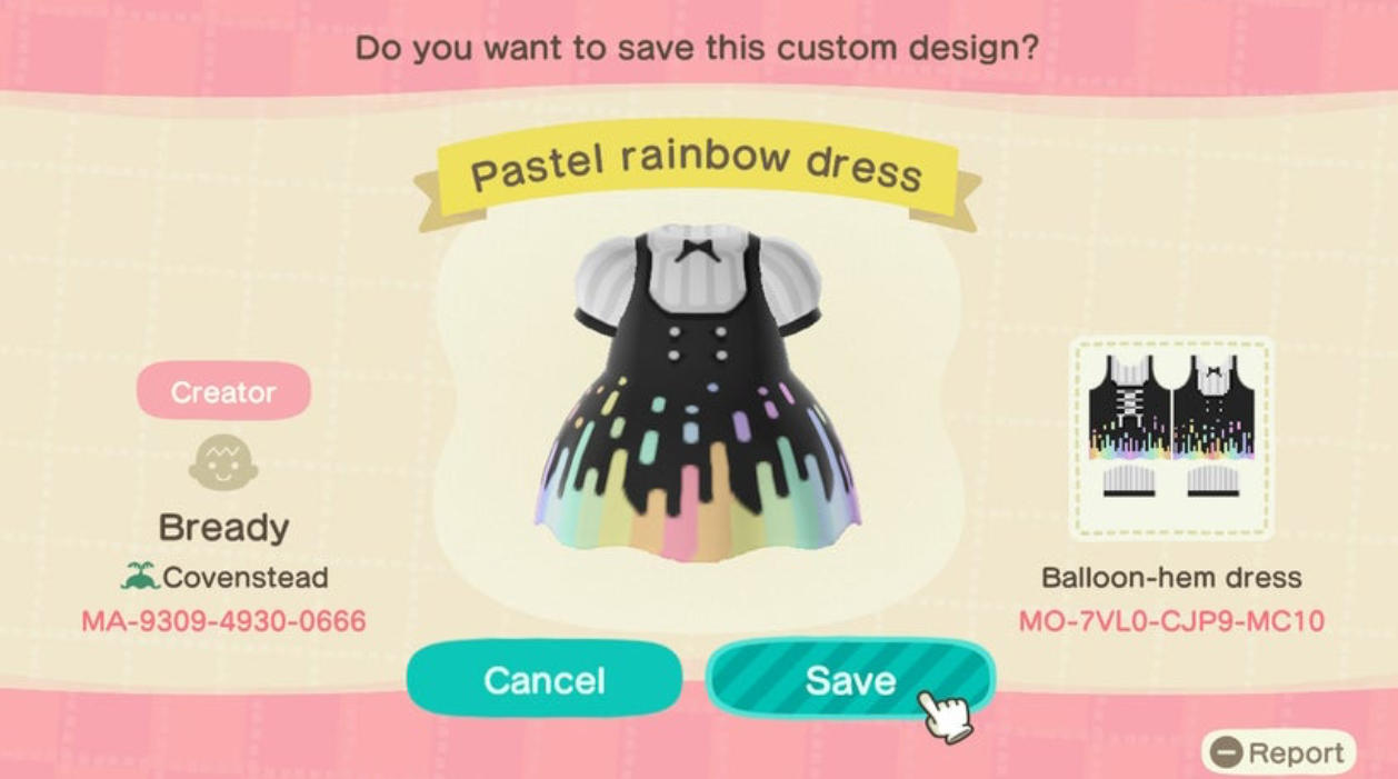 Animal Crossing Design Code: MO-7VLO-CJP9-MC10 Pastel Rainbow Dress
