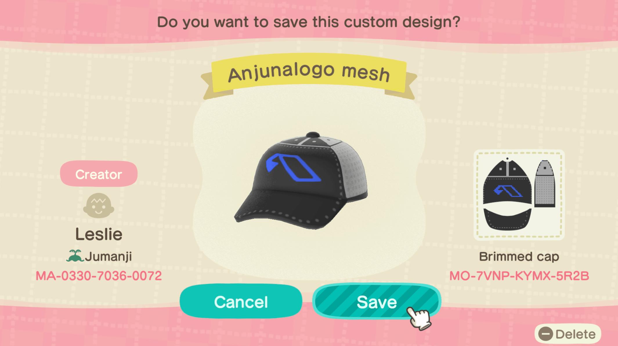 Animal Crossing Design Code: MO-7VNP-KYMX-5R2B Anjunabeats Mesh Cap