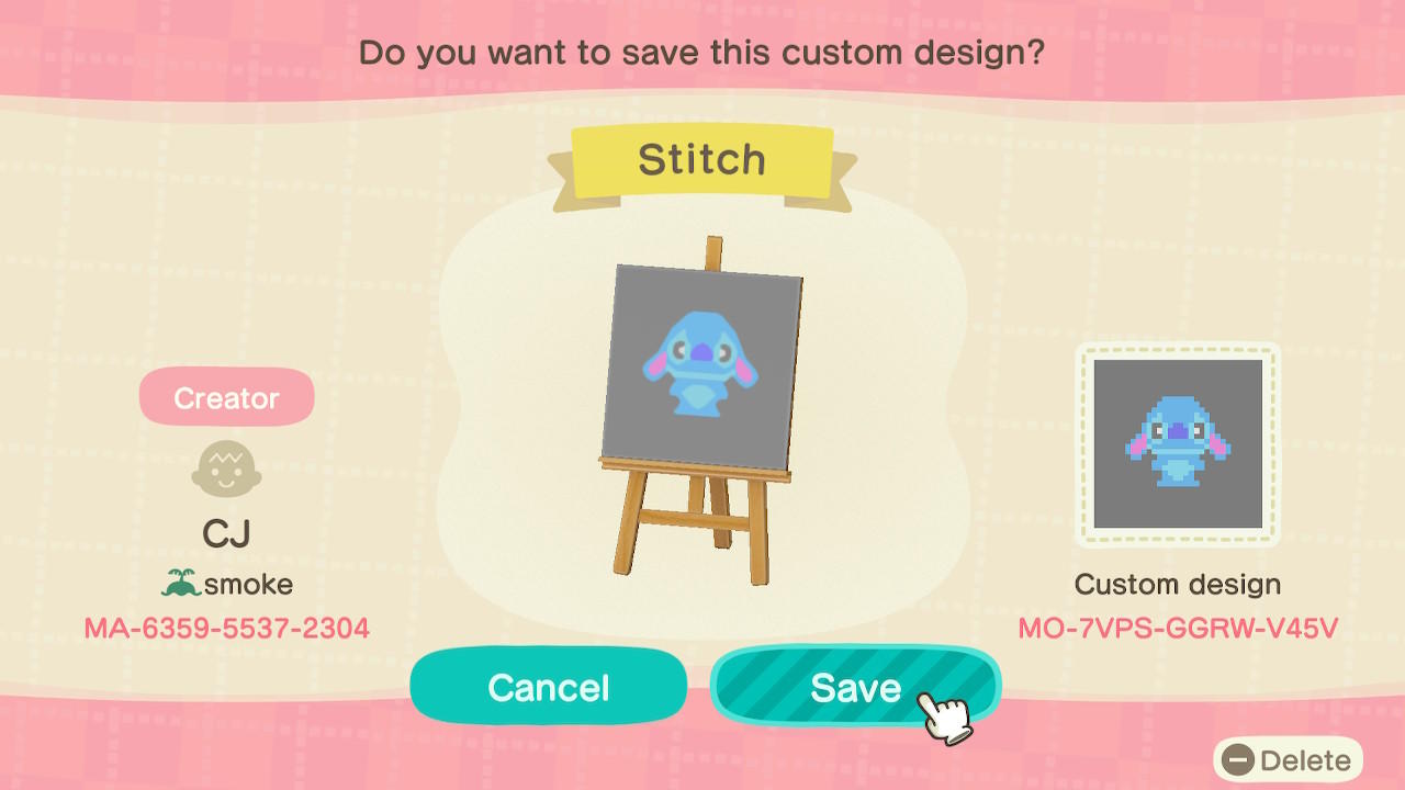 Animal Crossing Design Code: MO-7VPS-GGRW-V45V Stitch