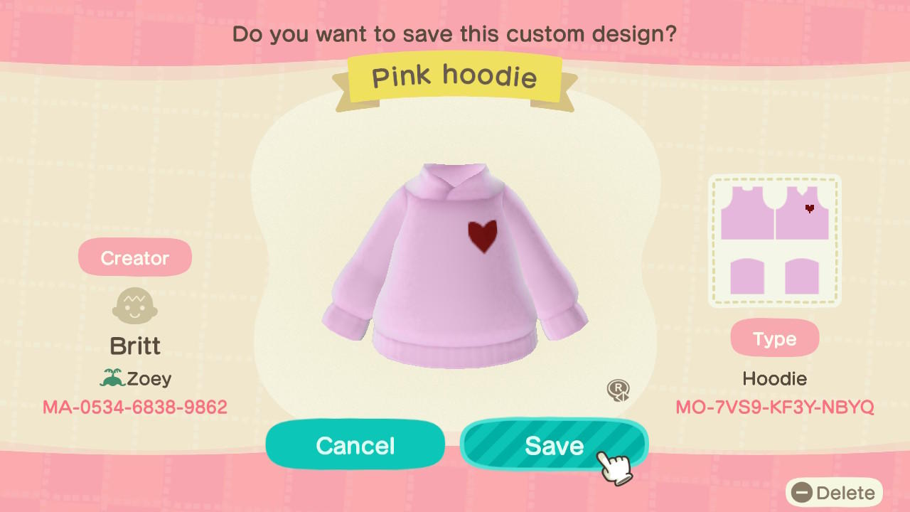 Animal Crossing Design Code: MO-7VS9-KF3Y-NBYQ Pink hoodie