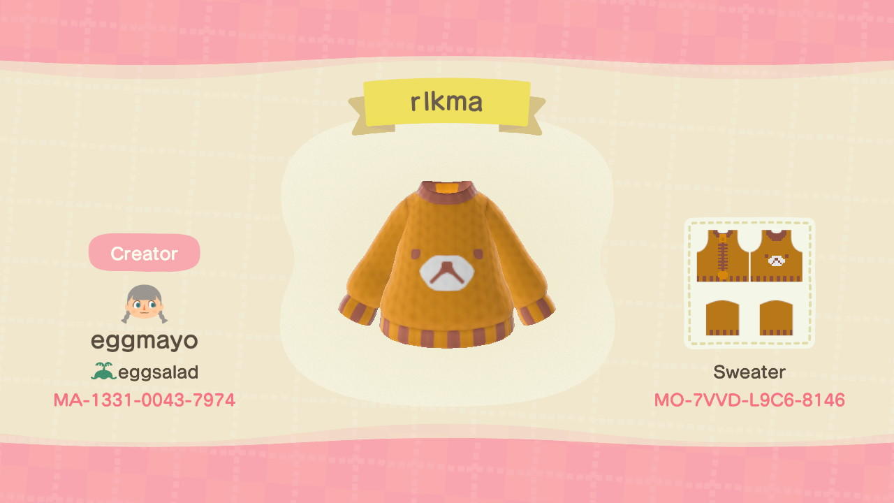 Animal Crossing Design Code: MO-7VVD-L9C6-8146 rilakkuma sweater