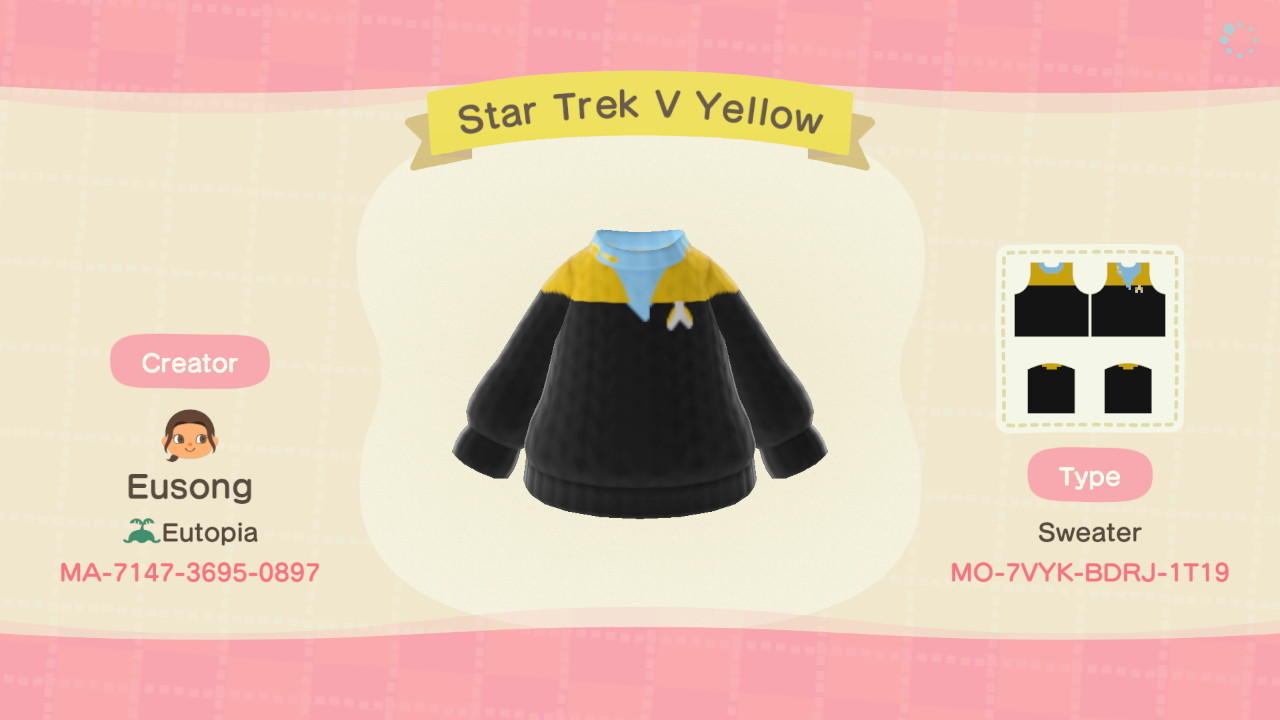 Animal Crossing Design Code: MO-7VYK-BDRJ-1T19 Star Trek V Yellow