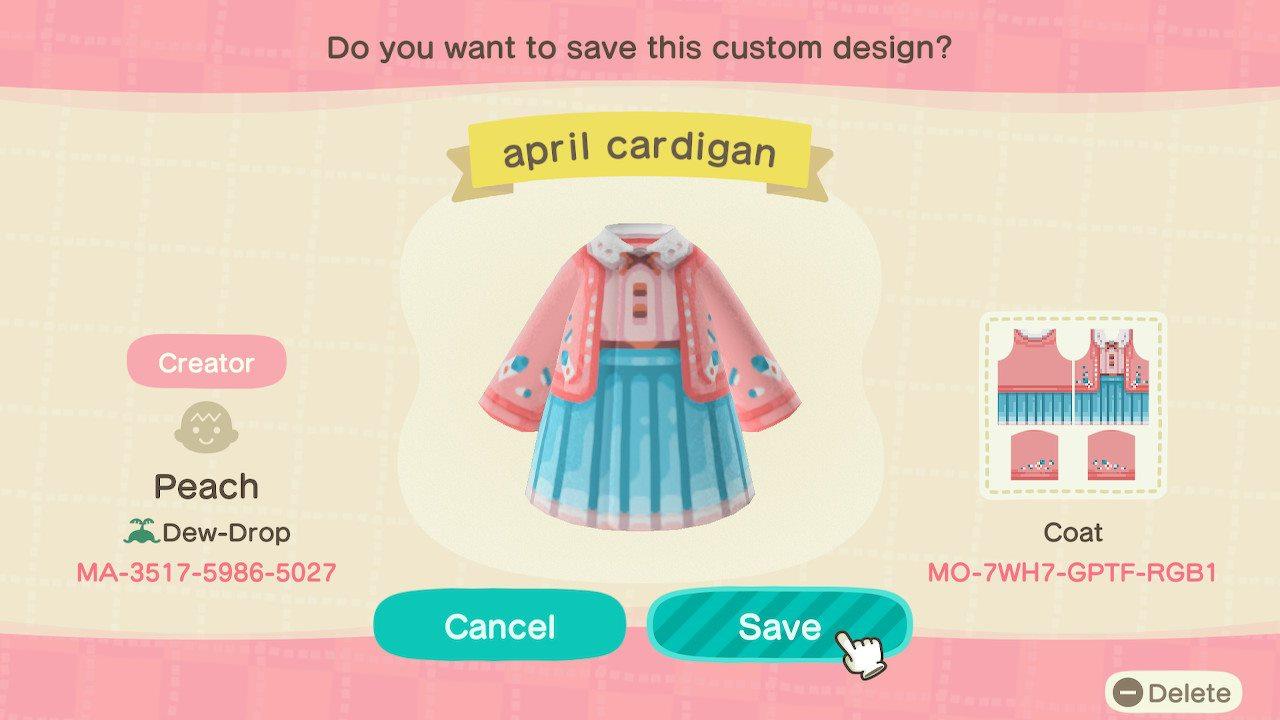 Animal Crossing Design Code: MO-7WH7-GPTF-RGB1 april cardigan
