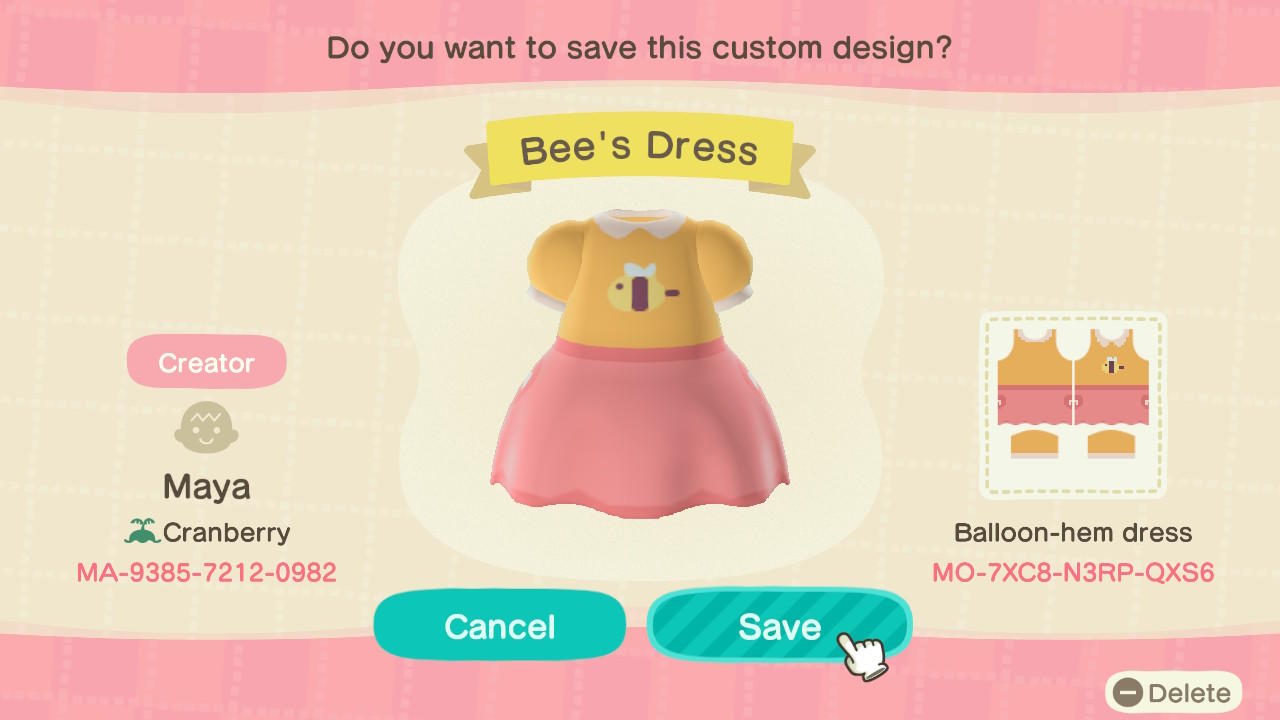 Animal Crossing Design Code: MO-7XC8-N3RP-QXS6 Bee&#39;s Dress