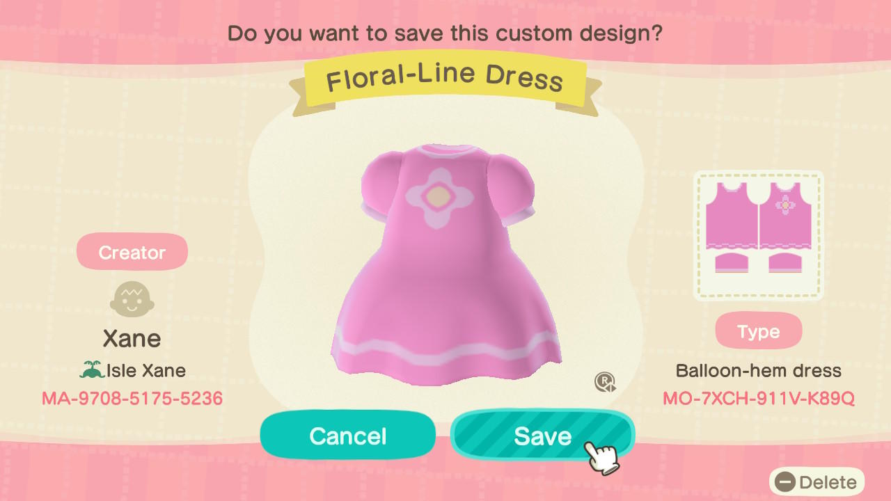 Animal Crossing Design Code: MO-7XCH-911V-K89Q Floral-Line Dress