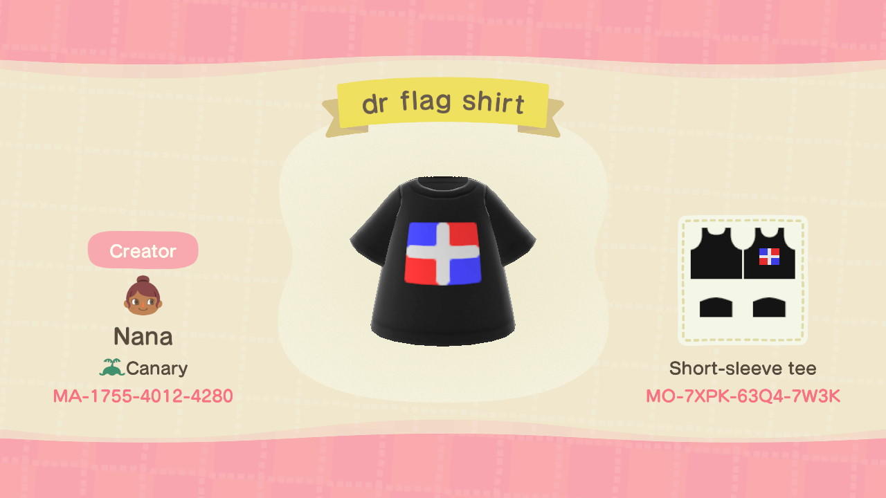 Animal Crossing Design Code: MO-7XPK-63Q4-7W3K DOMINICAN FLAG SHIRT