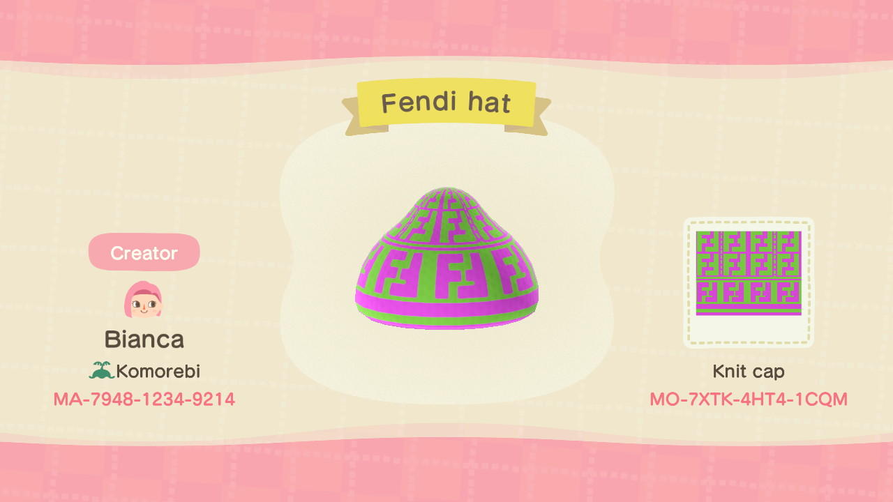Animal Crossing Design Code: MO-7XTK-4HT4-1CQM Fendi Neon Hat