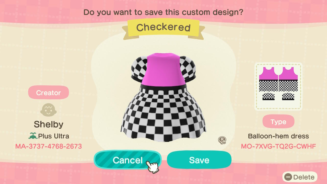 Animal Crossing Design Code: MO-7XVG-TQ2G-CWHF Checkered