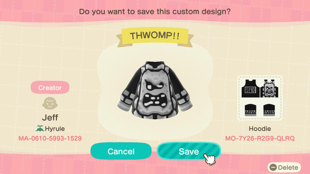 Animal Crossing Design Code: MO-7Y26-R2G9-QLRQ THWOMP!!