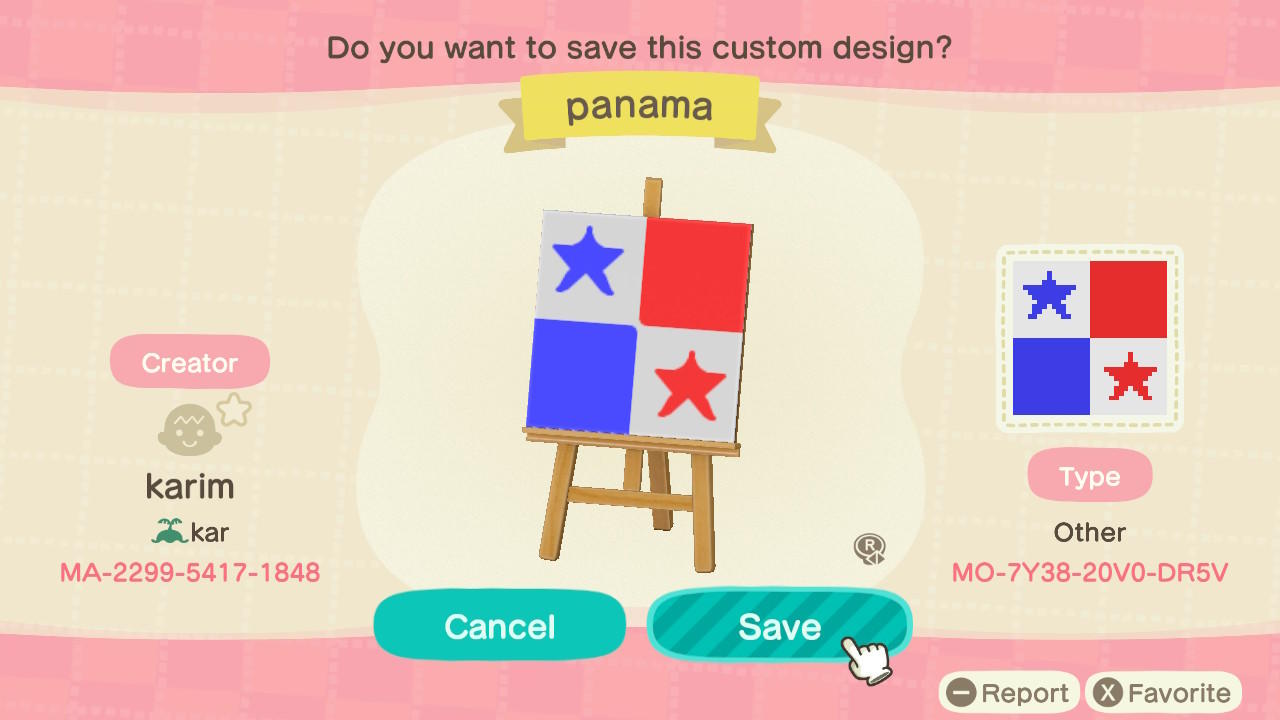 Animal Crossing Design Code: MO-7Y38-20V0-DR5V Panama