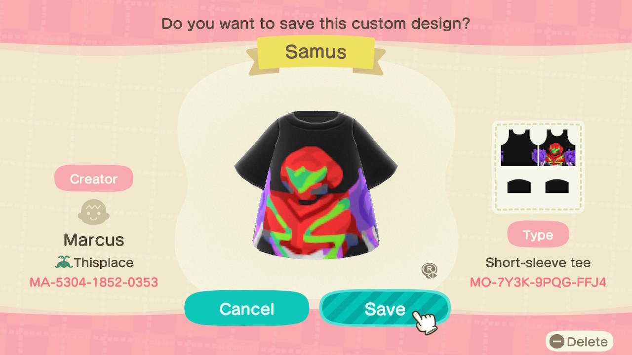 Animal Crossing Design Code: MO-7Y3K-9PQG-FFJ4 Samus
