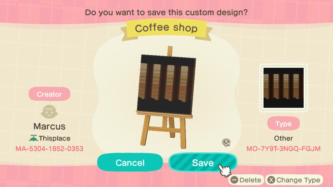 Animal Crossing Design Code: MO-7Y9T-3NGQ-FGJM Coffee Shop