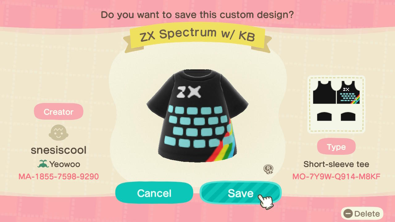Animal Crossing Design Code: MO-7Y9W-Q914-M8KF ZX Spectrum w/ KB