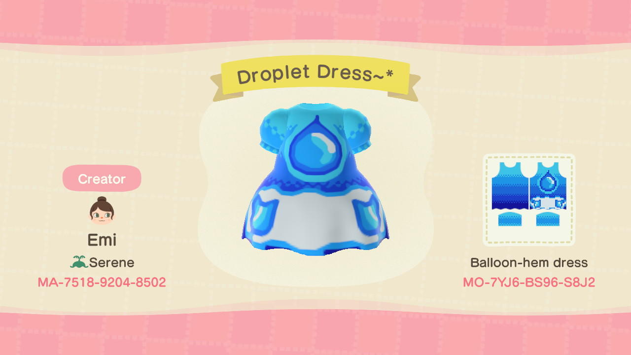 Animal Crossing Design Code: MO-7YJ6-BS96-S8J2 Droplet Dress~*