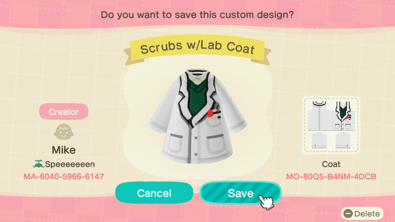 Animal Crossing Design Code: MO-80Q5-B4NM-4DCB Scrubs w/Lab Coat