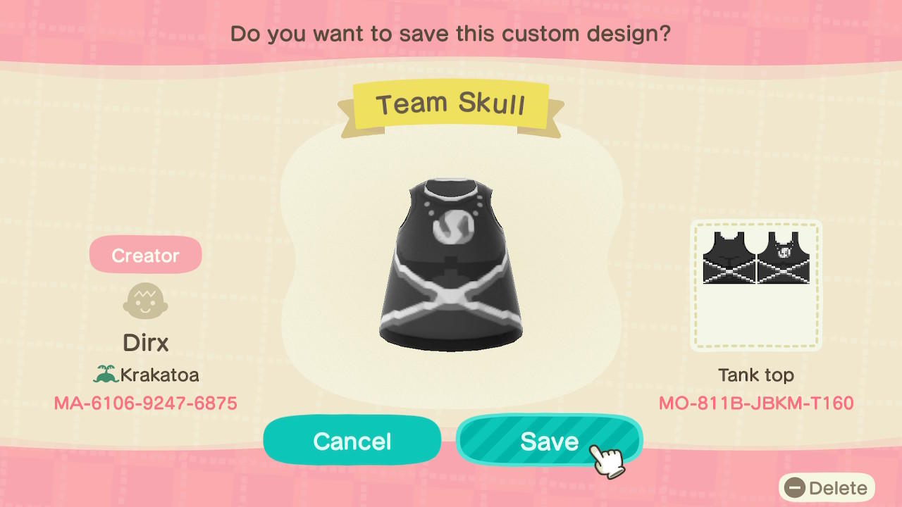 Animal Crossing Design Code: MO-811B-JBKM-T160 Team Skull