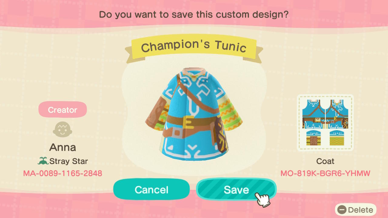 Animal Crossing Design Code: MO-819K-BGR6-YHMW Champion&#39;s Tunic
