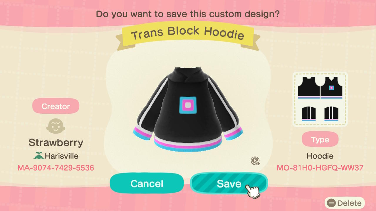 Animal Crossing Design Code: MO-81H0-HGFQ-WW37 Trans Block Hoodie