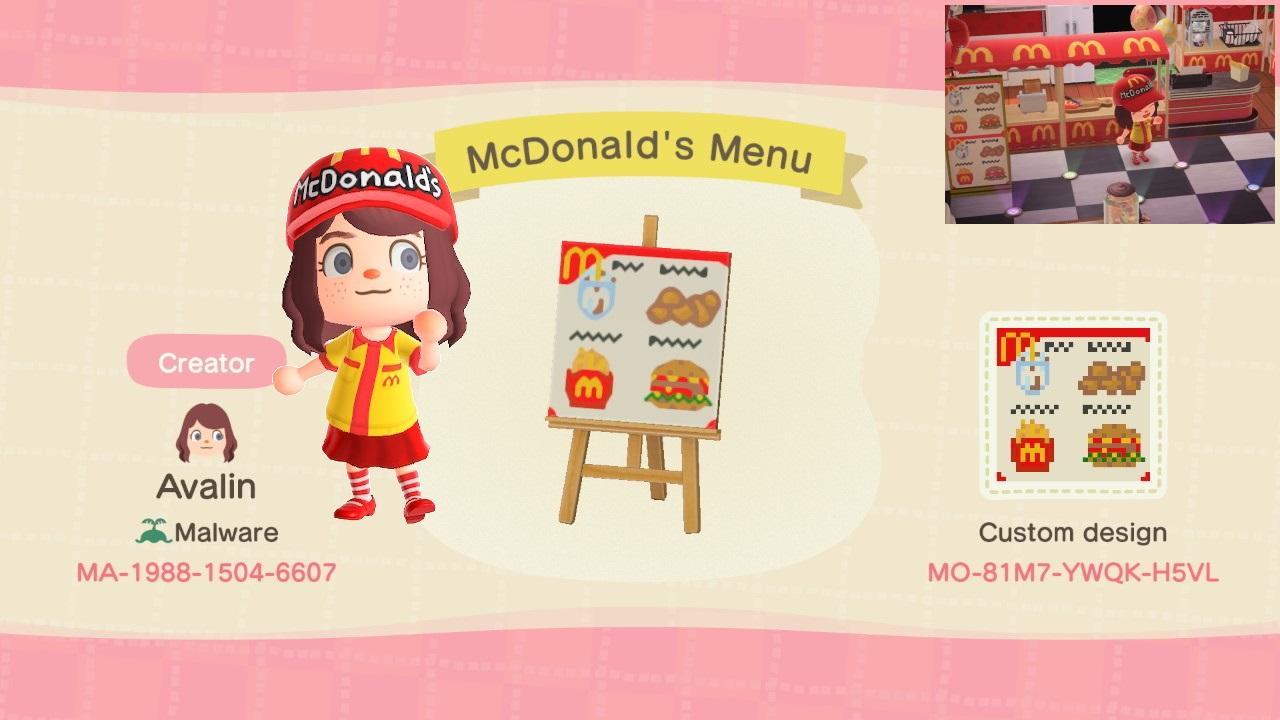 Animal Crossing Design Code: MO-81M7-YWQK-H5VL McDonalds Menu