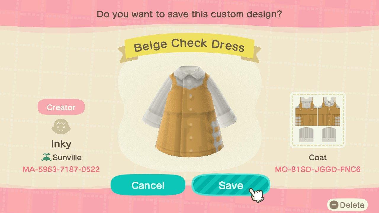 Animal Crossing Design Code: MO-81SD-JGGD-FNC6 Beige Check Dress