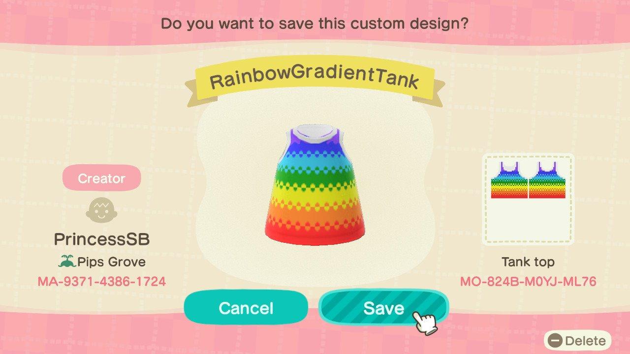Animal Crossing Design Code: MO-824B-M0YJ-ML76 Rainbow Gradient Tee
