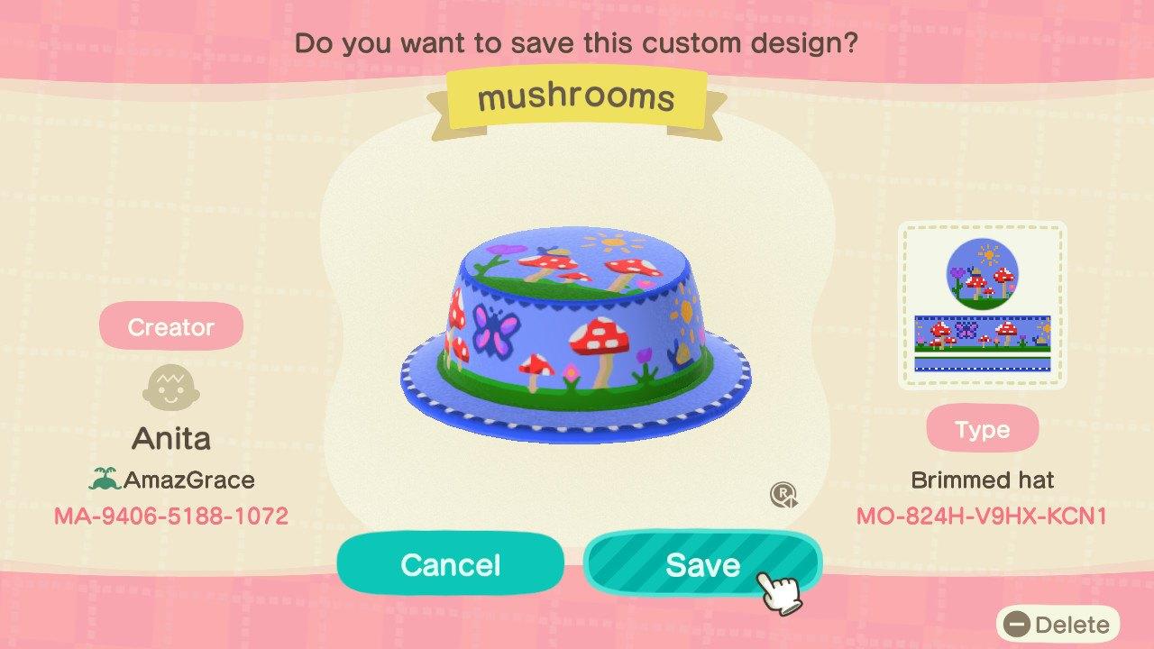 Animal Crossing Design Code: MO-824H-V9HX-KCN1 Mushroom hat