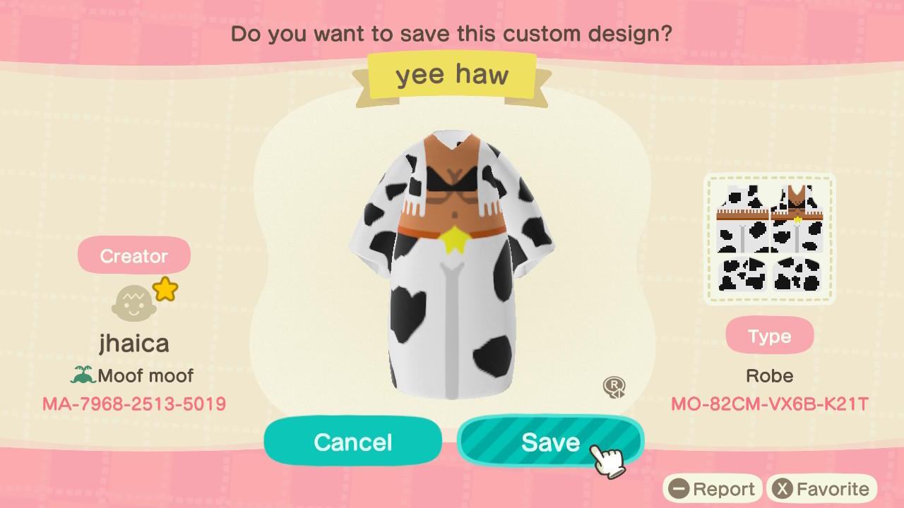 Animal Crossing Design Code: MO-82CM-VX6B-K21T Yee Haw S7