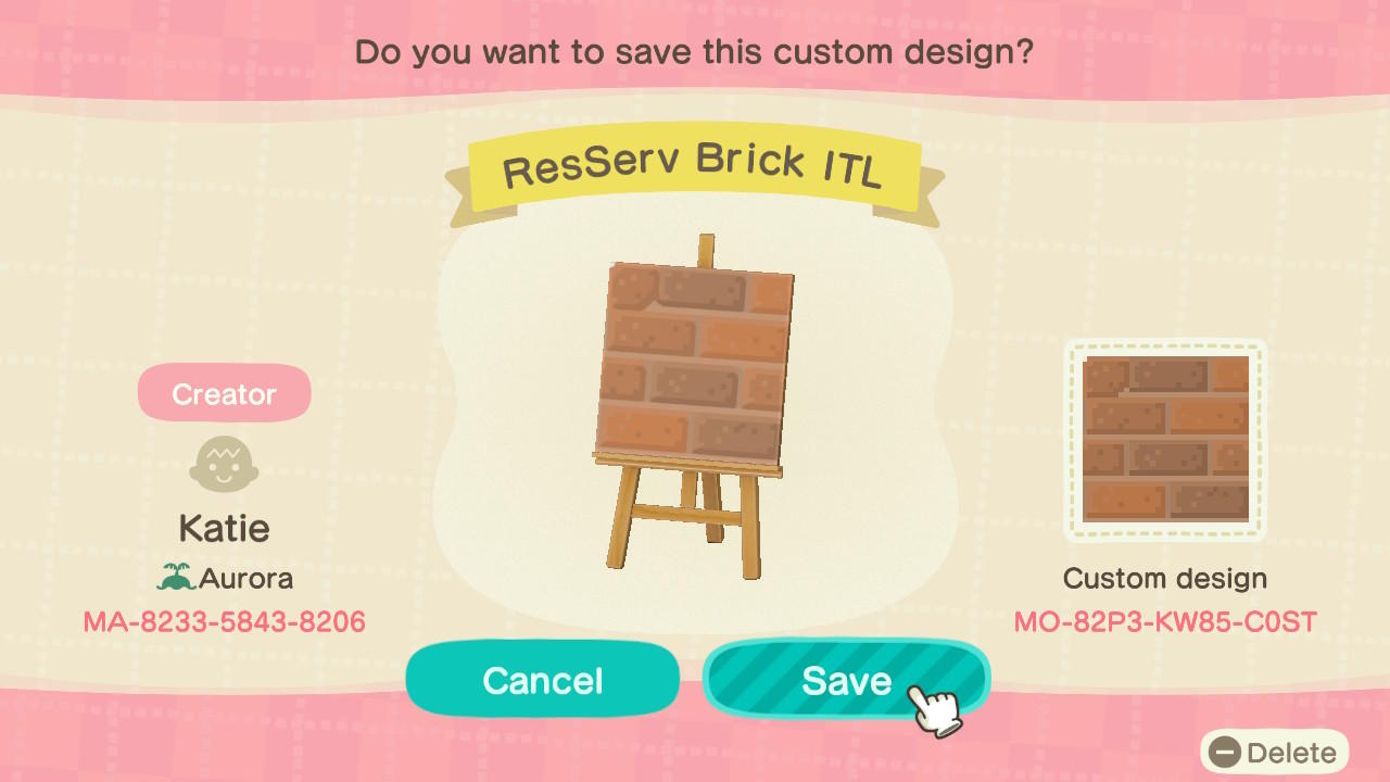 Animal Crossing Design Code: MO-82P3-KW85-C0ST ResServ Brick ITL