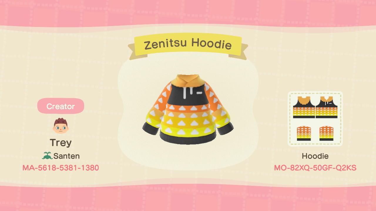 Animal Crossing Design Code: MO-82XQ-50GF-Q2KS Zenitsu Hoodie