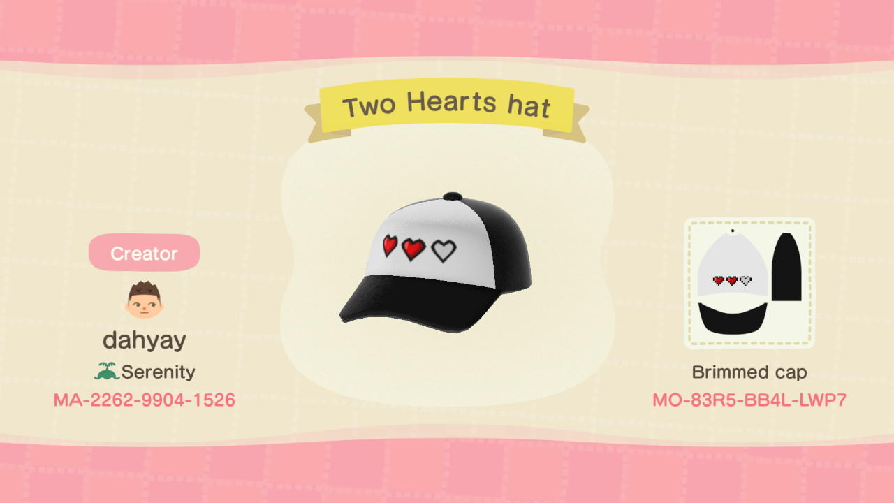Animal Crossing Design Code: MO-83R5-BB4L-LWP7 Two Hearts hat