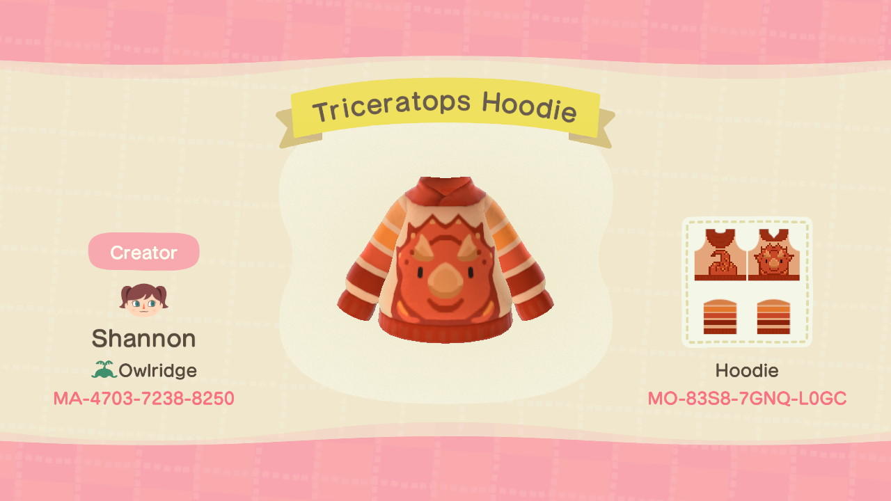 Animal Crossing Design Code: MO-83S8-7GNQ-L0GC Triceratops Hoodie