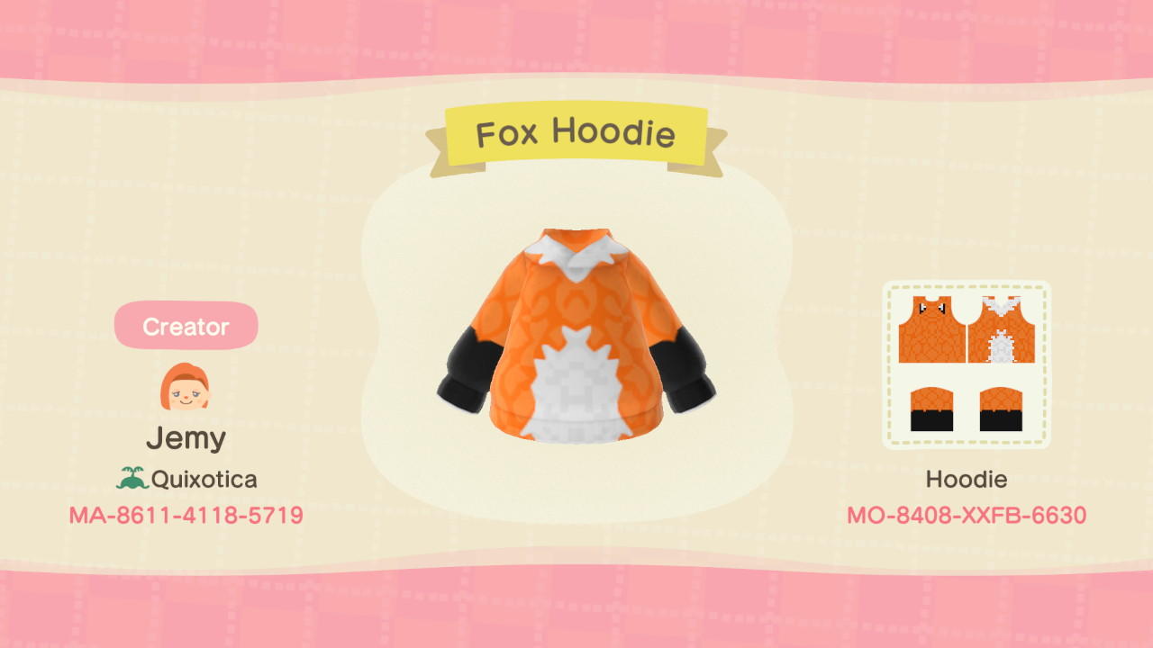 Animal Crossing Design Code: MO-8408-XXFB-6630 Fox Hoodie