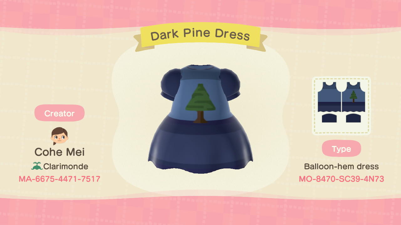 Animal Crossing Design Code: MO-8470-SC39-4N73 Dark Pine Dress