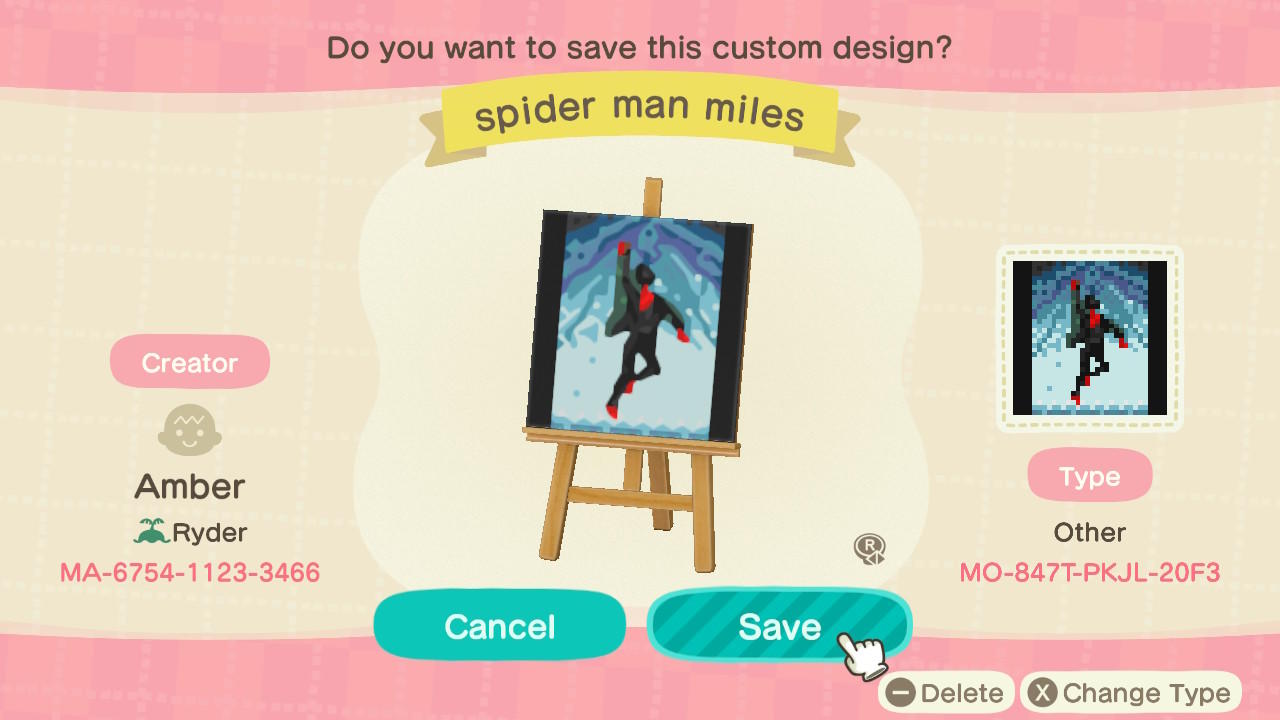 Animal Crossing Design Code: MO-847T-PKJL-20F3 Spider Man Miles