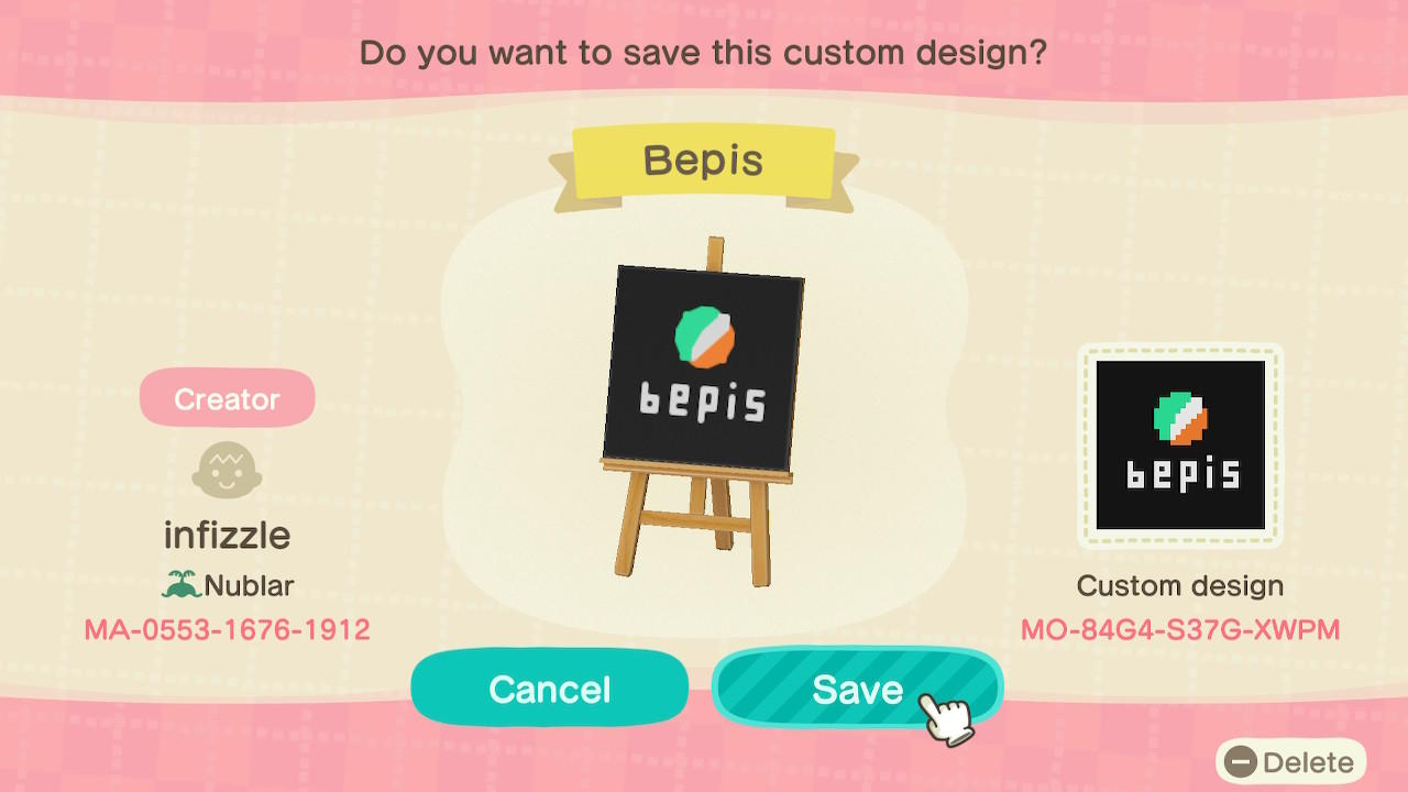 Animal Crossing Design Code: MO-84G4-S37G-XWPM Bepis
