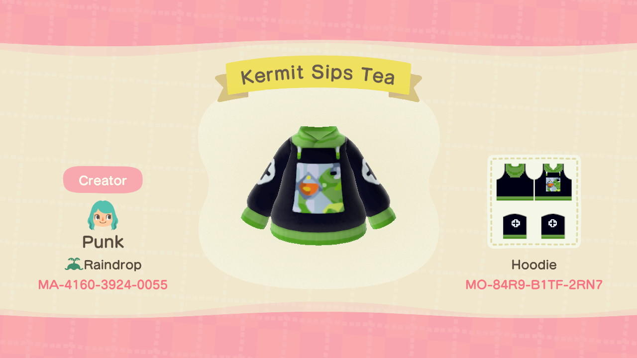 Animal Crossing Design Code: MO-84R9-B1TF-2RN7 Kermit Sips Tea