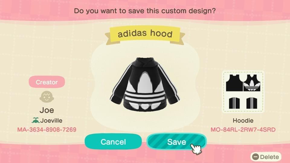 Animal Crossing Design Code: MO-84RL-2RW7-4SRD adidas hood